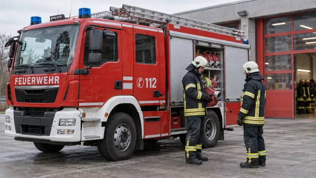 Проверка снаряжения пожарной службы Германии Двое пожарных проверяют рукава и снаряжение у пожарной машины