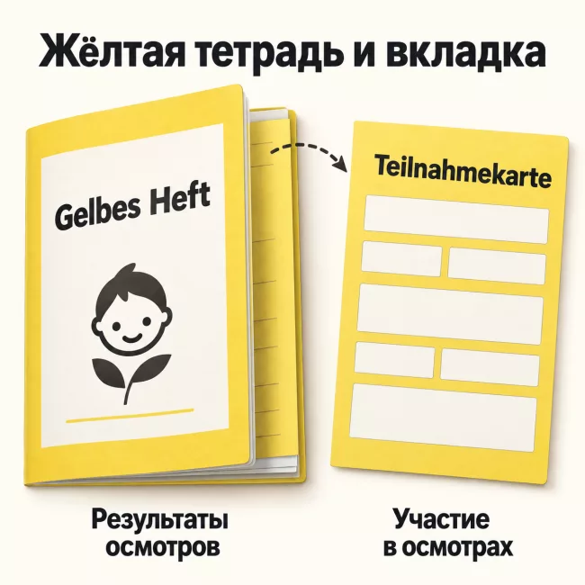 Жёлтая тетрадь и вкладка Teilnahmekarte Жёлтая тетрадь осмотров Gelbes Heft и отдельная вкладка Teilnahmekarte, соединённые стрелкой.