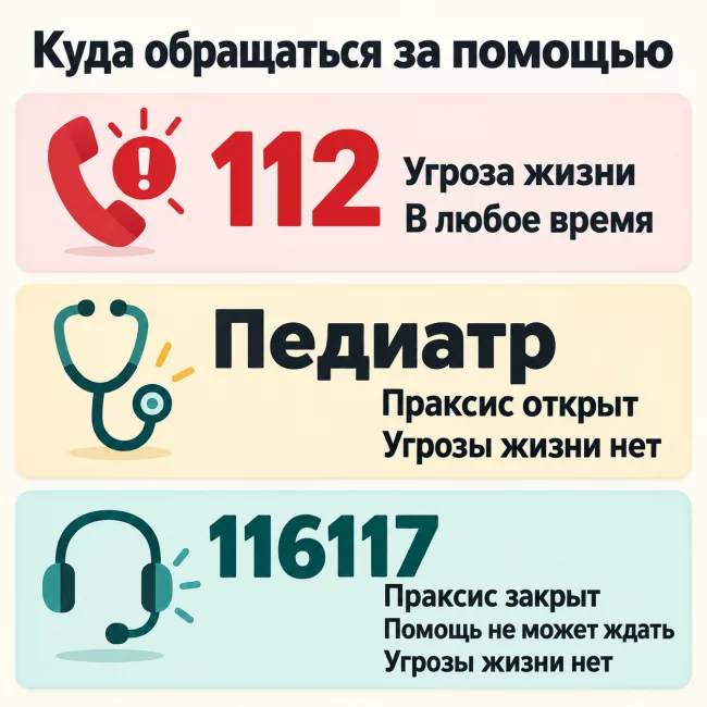 Педиатр, 116117 или 112 112 — при угрозе жизни. Без угрозы жизни: педиатр, если праксис открыт; 116117, если праксис закрыт и помощь не может ждать.