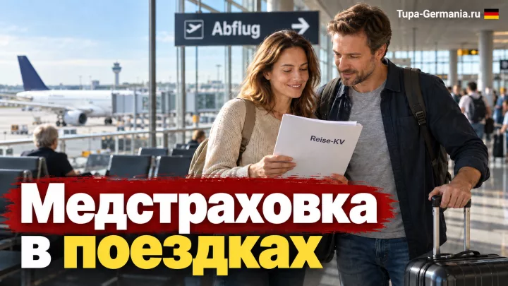 Пара изучает страховой полис Reise-KV перед вылетом из Германии