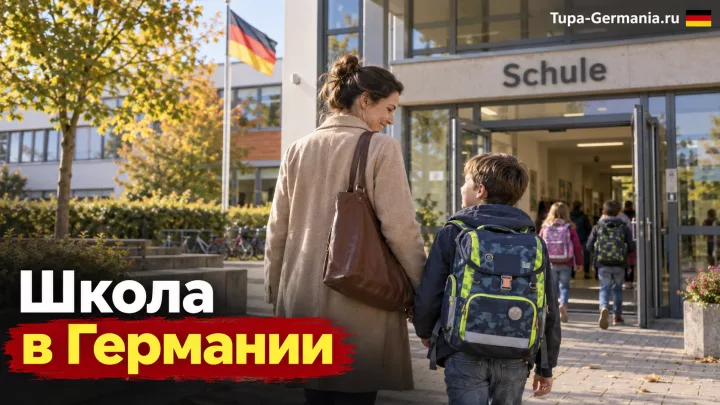 Мама ведёт ребёнка в школу в Германии